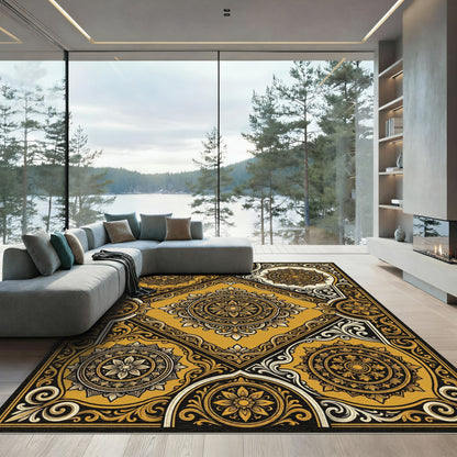 Golden Black Ornate Medallion Mandala Rug