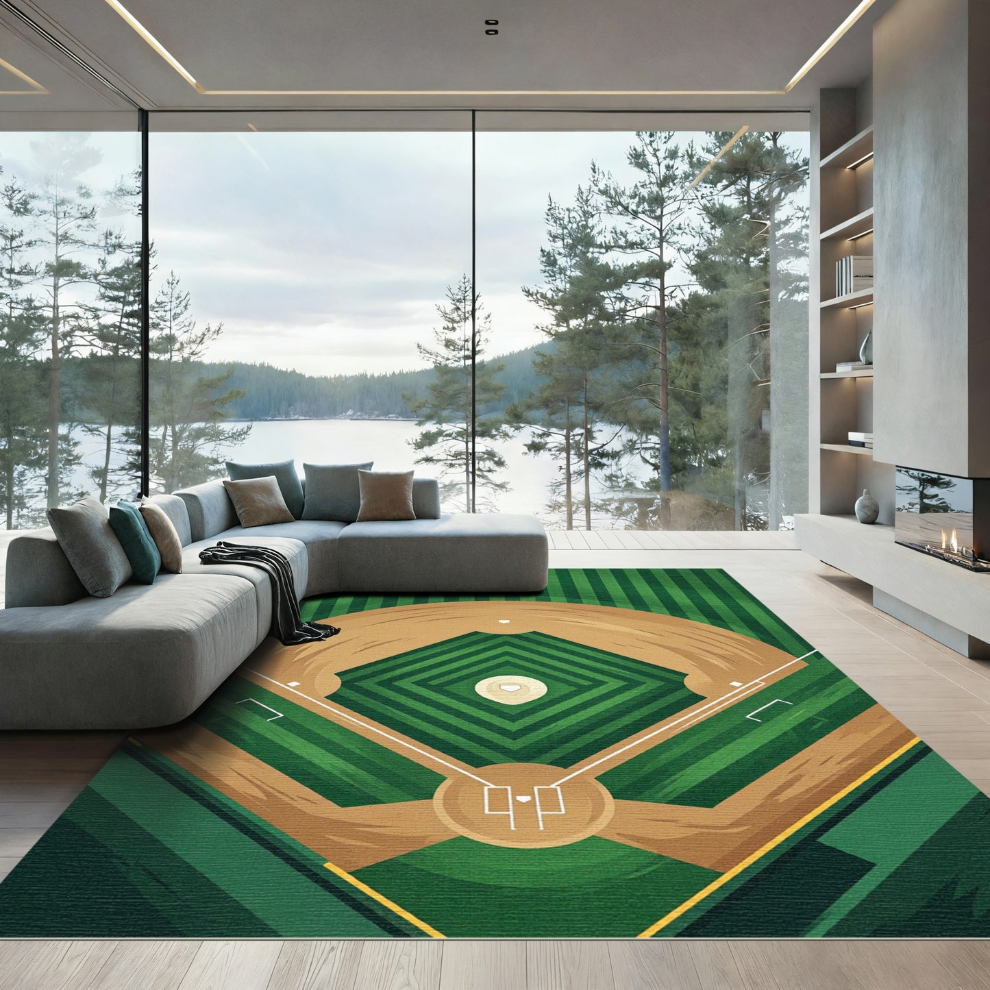 Geometric Baseball Diamond Grass Field Rug