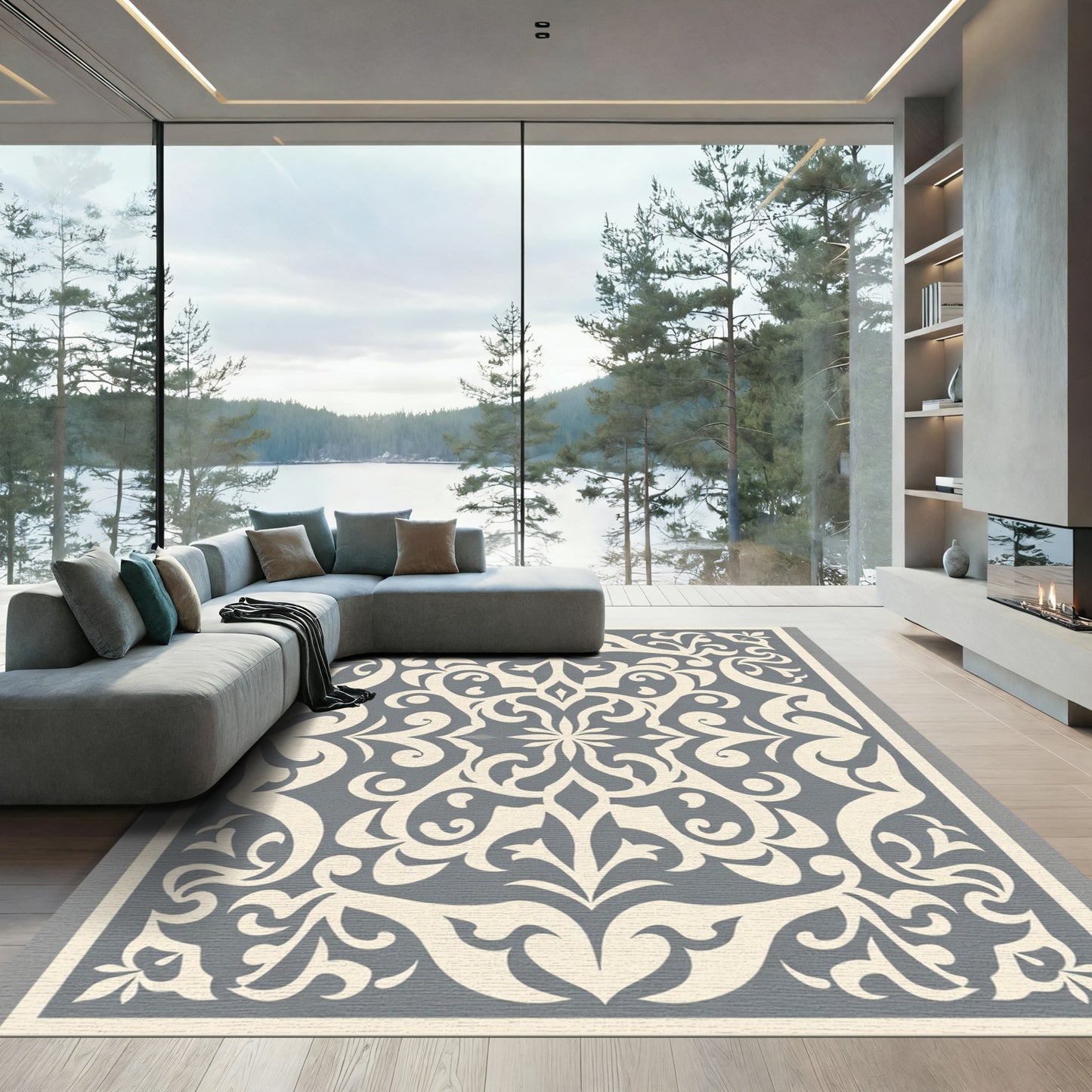 Cream and Gray Arabesque Floral Rug