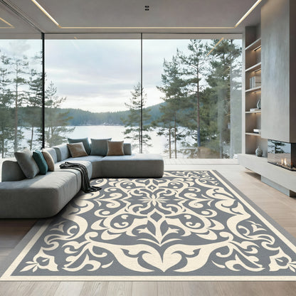 Cream and Gray Arabesque Floral Rug