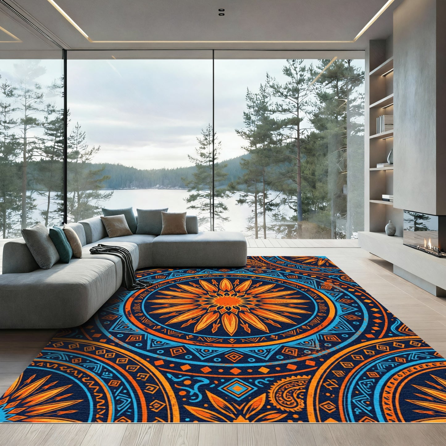 Vibrant Orange Blue Sunburst Mandala Rug
