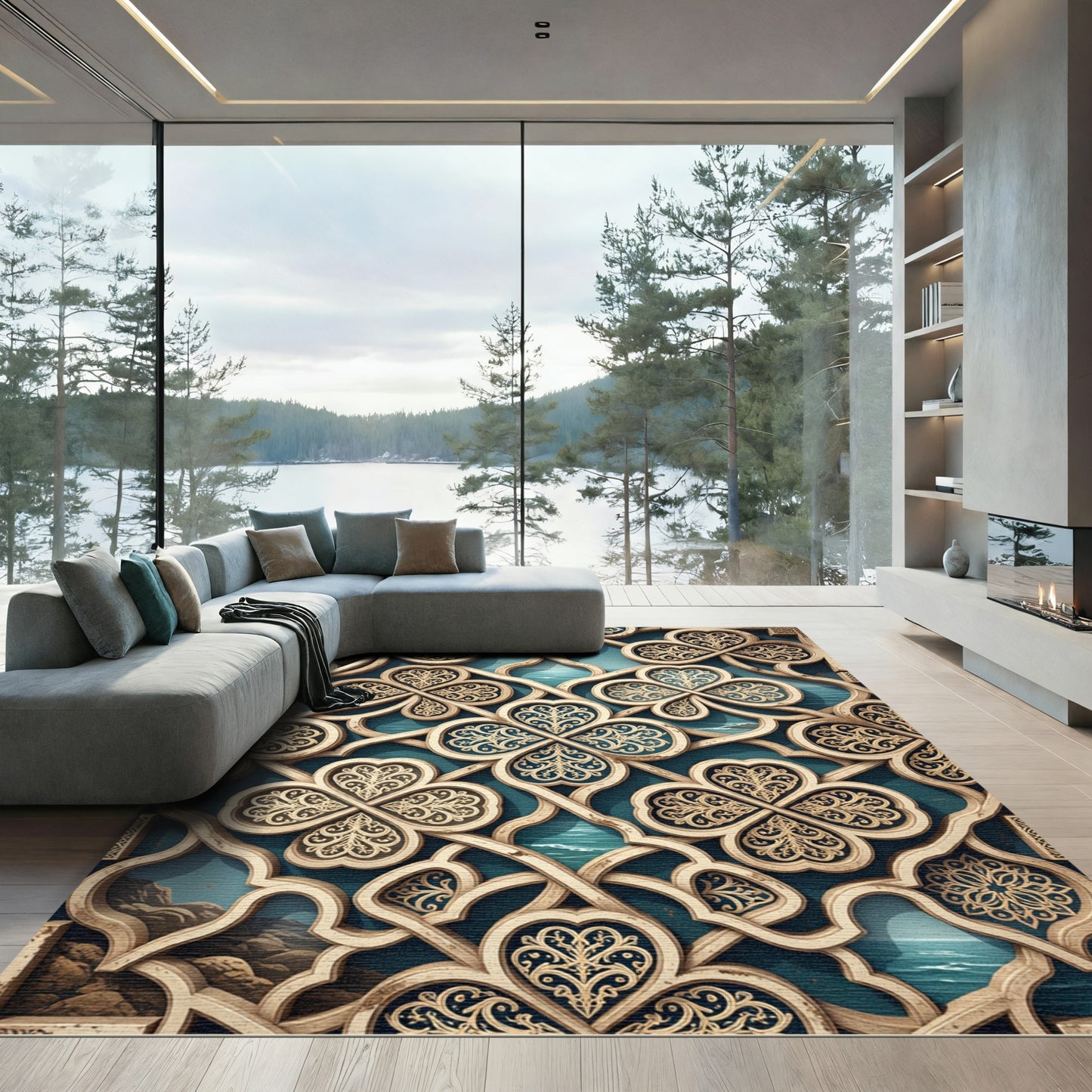 Golden Filigree Trellis Deep Teal Waters Rug