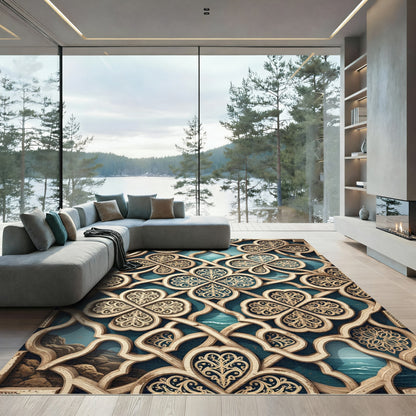 Golden Filigree Trellis Deep Teal Waters Rug