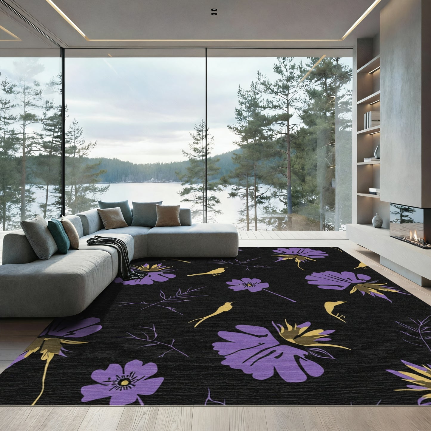 Purple Golden Bird Floral Meadow Rug