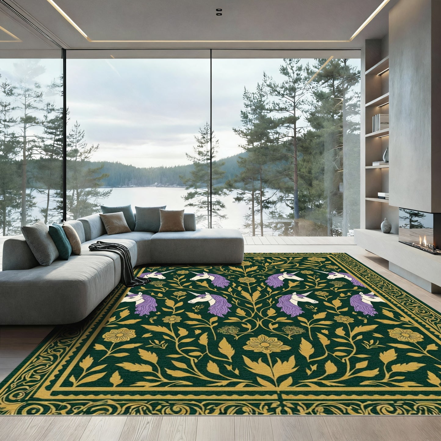 Dark Green Unicorn Floral Tapestry Rug