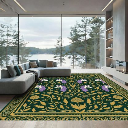 Dark Green Unicorn Floral Tapestry Rug