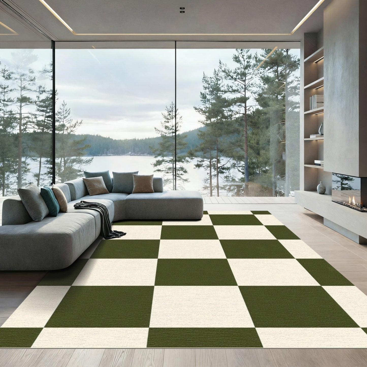 Olive Cream Checkerboard Squares Rug