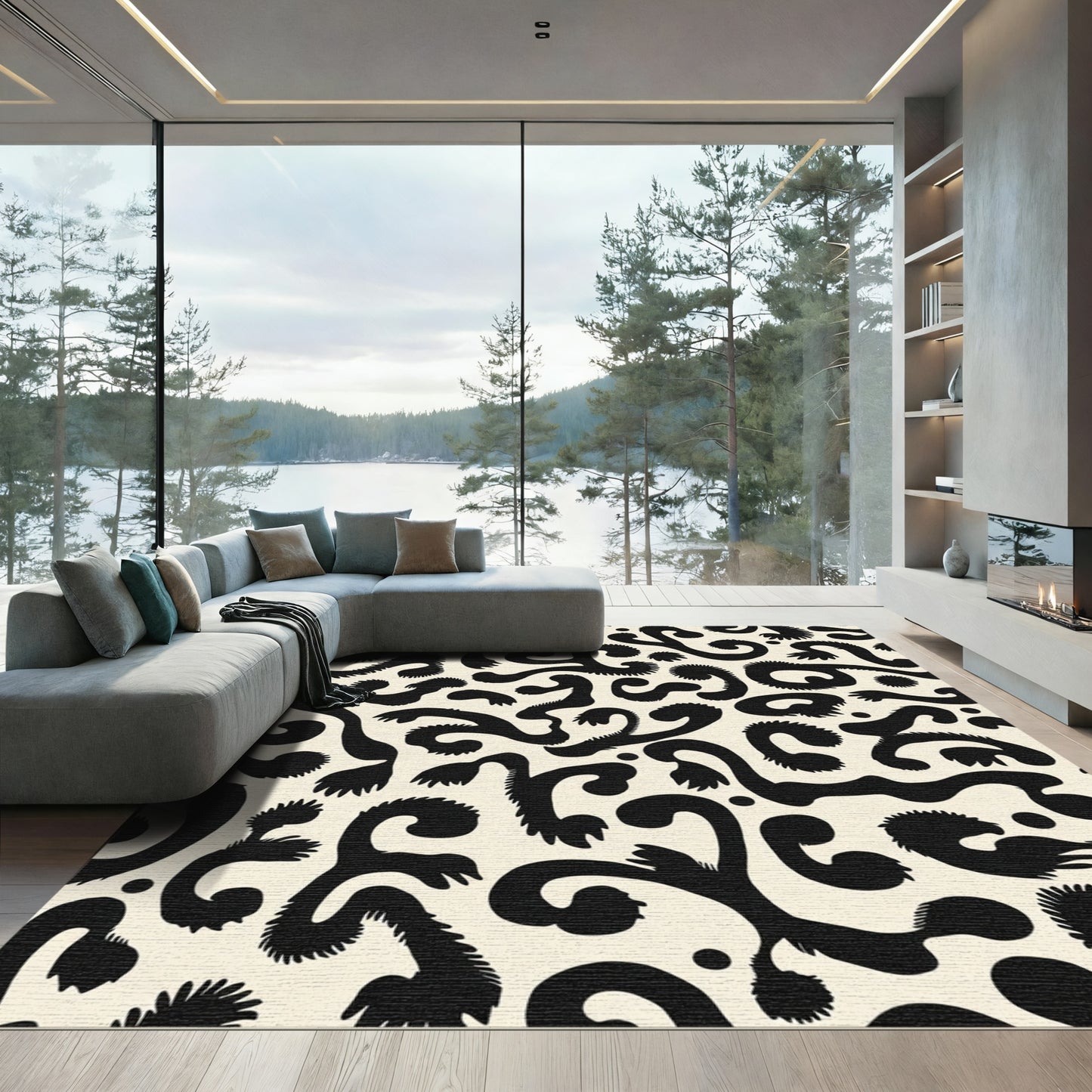 Black Abstract Swirls Ivory Organic Rug