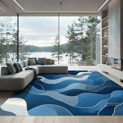 Abstract Deep Blue Flowing Waves Rug