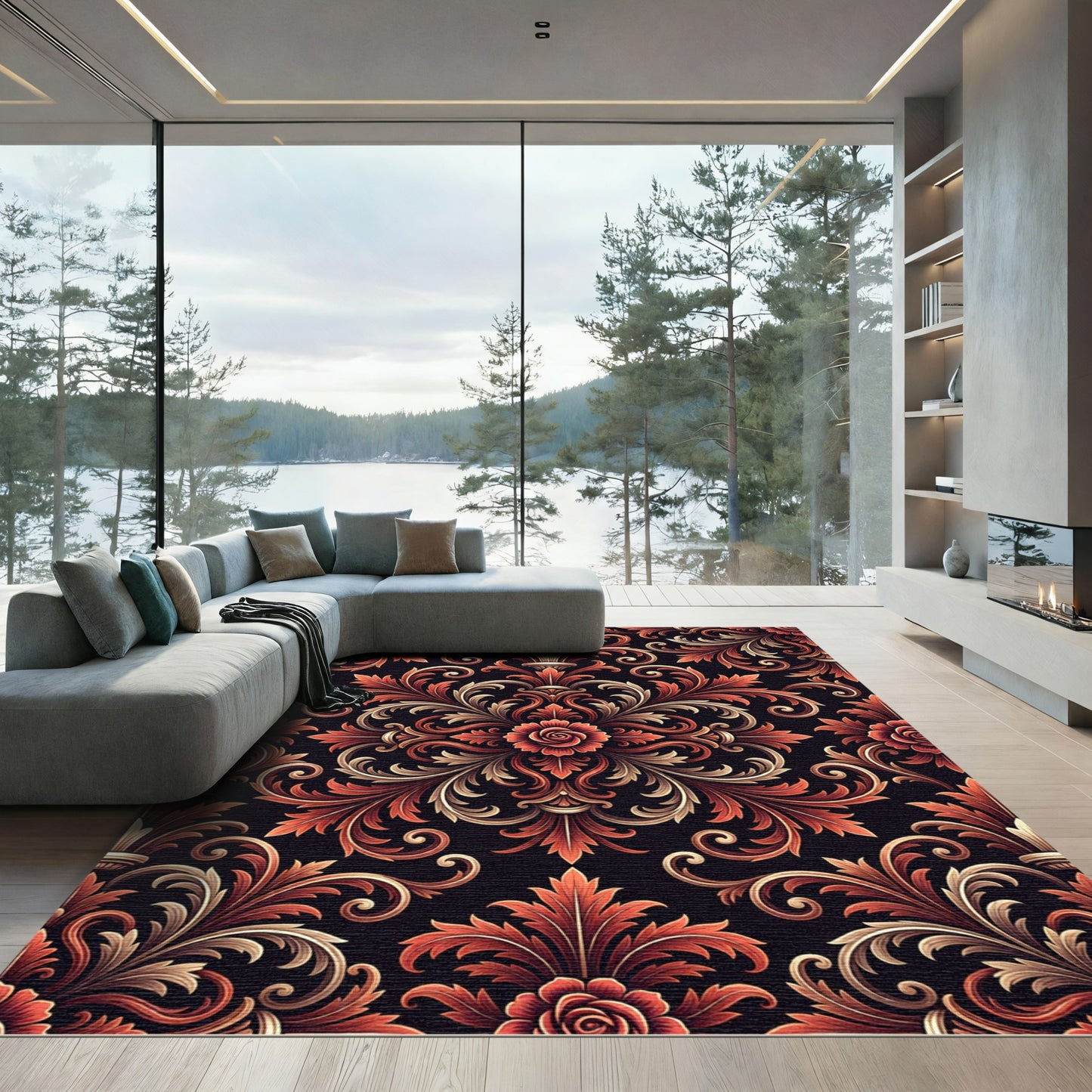 Classic Red Floral Swirl Medallion Rug