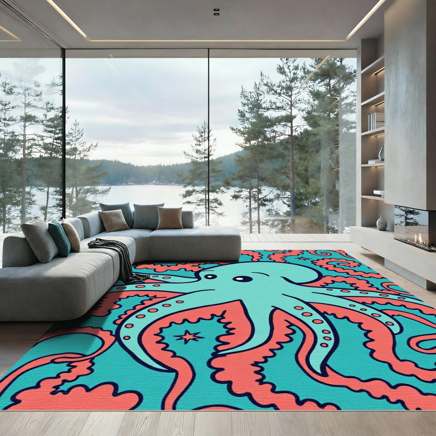 Aqua Teal Coral Octopus Whimsy Rug