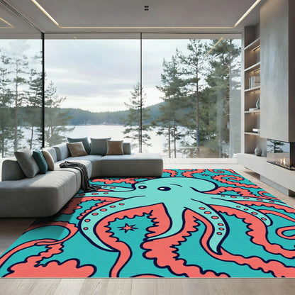 Aqua Teal Coral Octopus Whimsy Rug