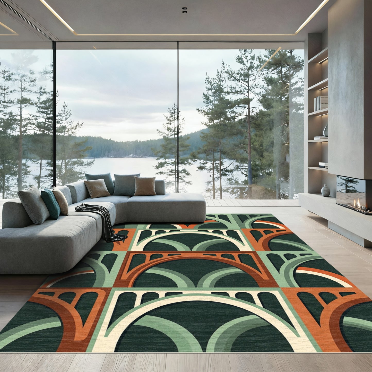 Mid-Century Modern Arched Terracotta Teal Grid Rug