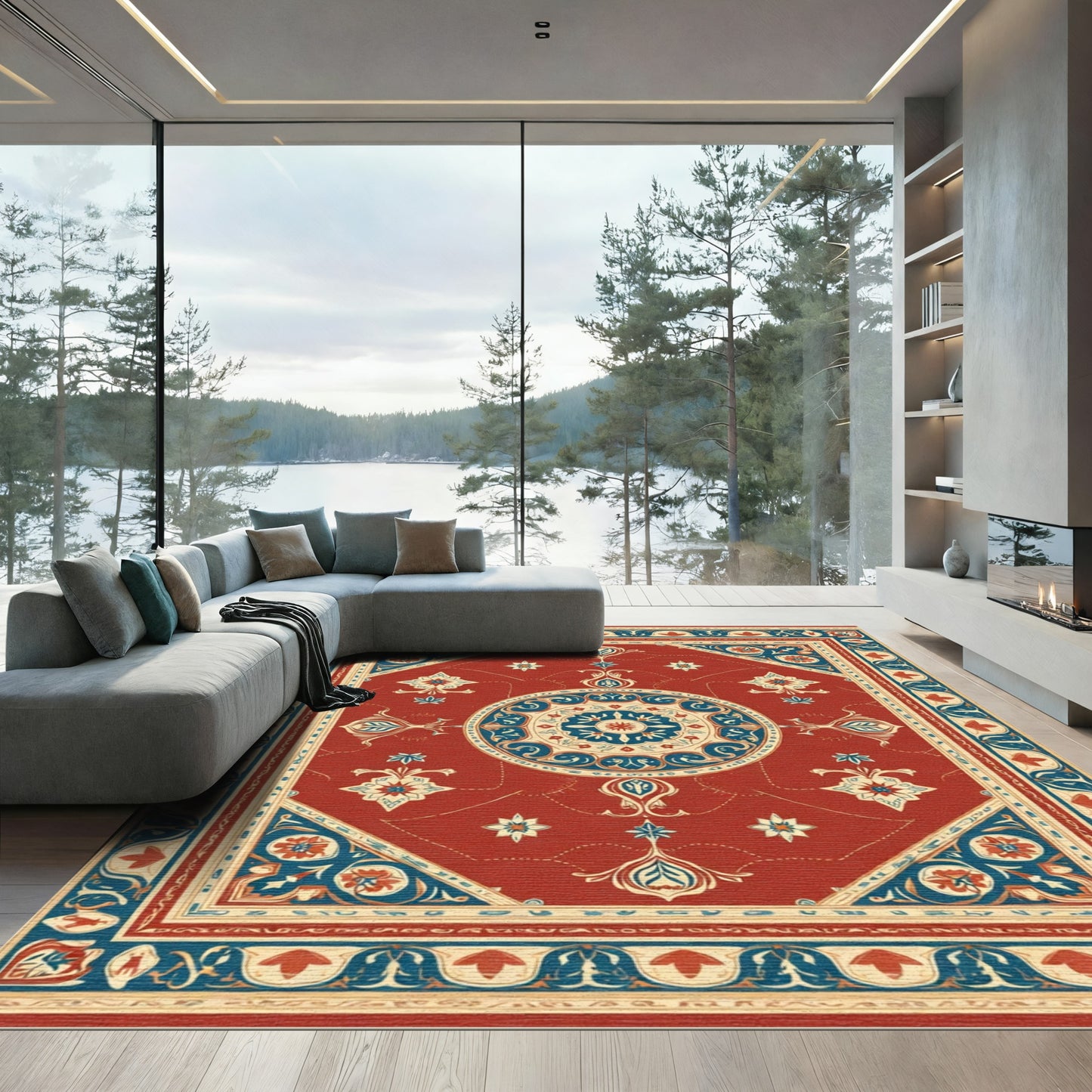 Crimson Blue Medallion Floral Geometric Rug