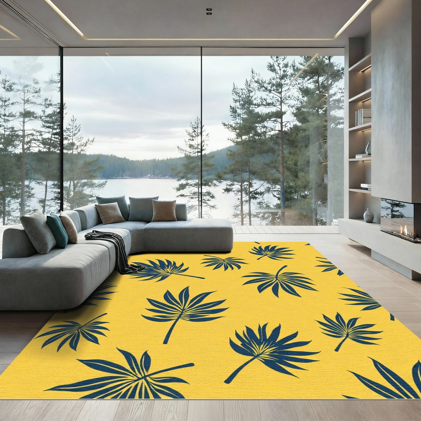 Deep Blue Palm Frond Yellow Tropical Rug