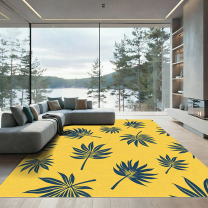 Deep Blue Palm Frond Yellow Tropical Rug