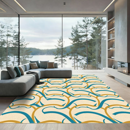 Teal And Gold Interlocking Waves Rug