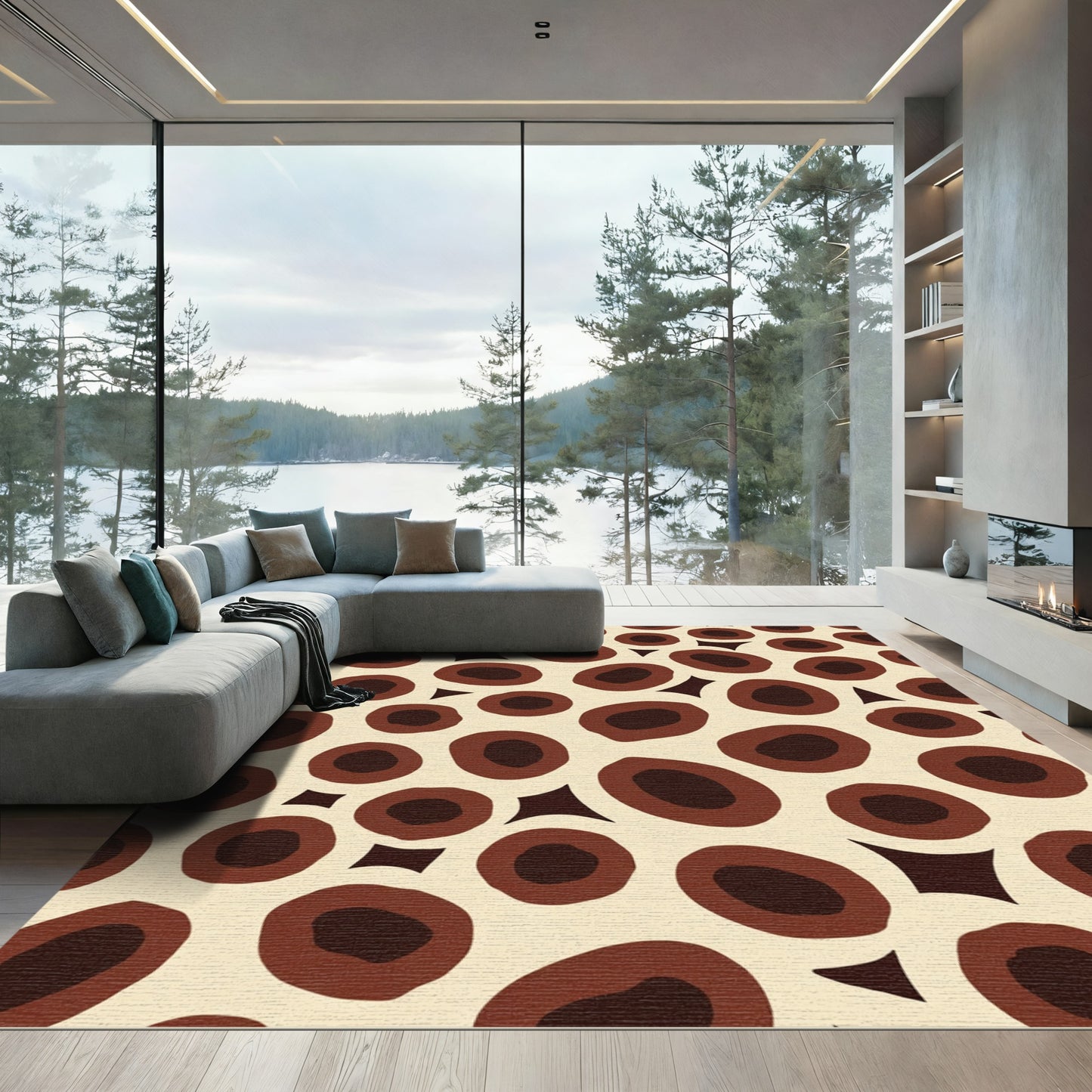 Modern Cream Brown Oval Arrangement Rug