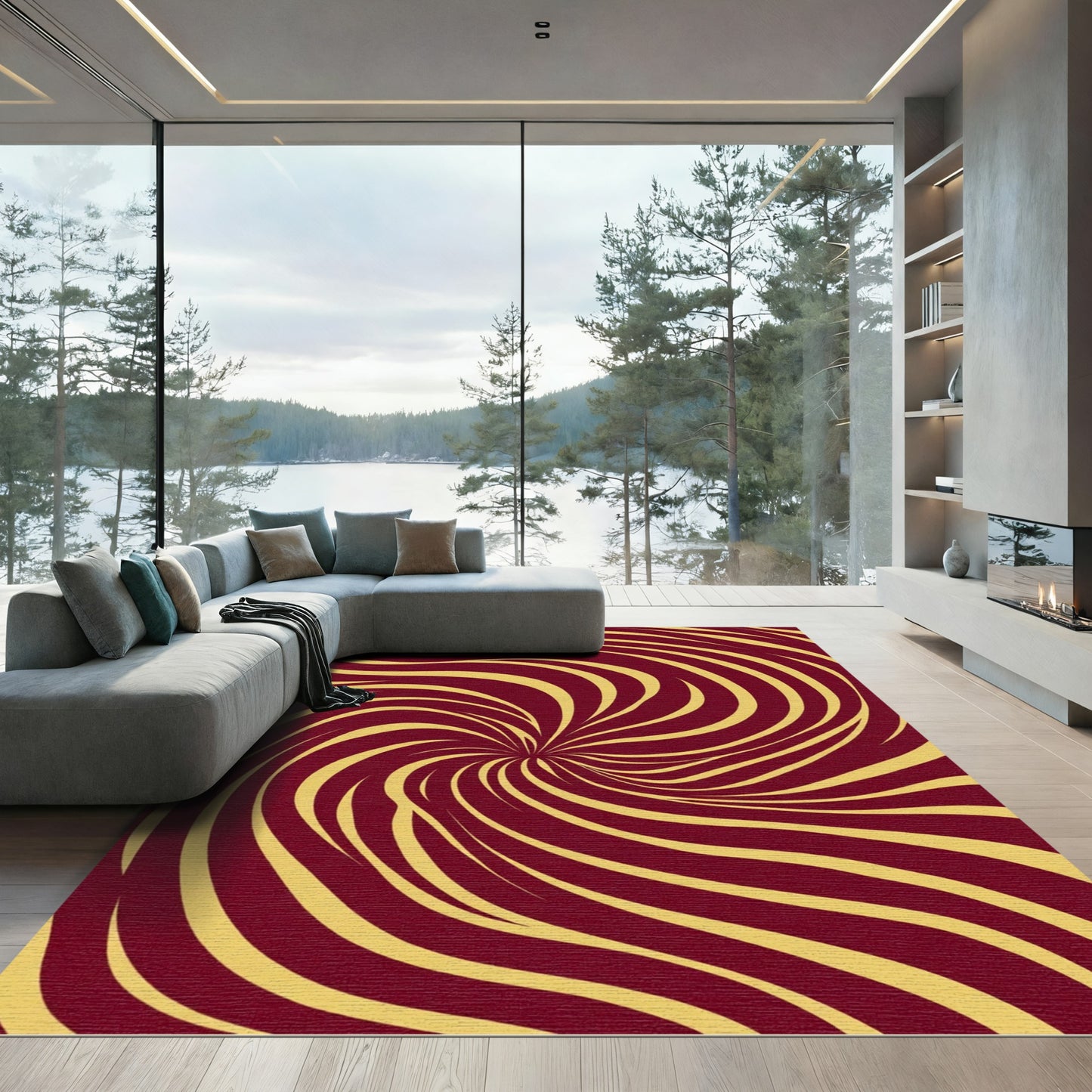 Crimson Gold Swirling Vortex Rug