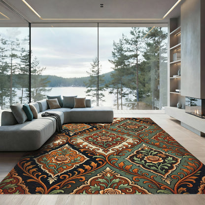 Vintage Rose Damask Medallion Teal Gold Rug
