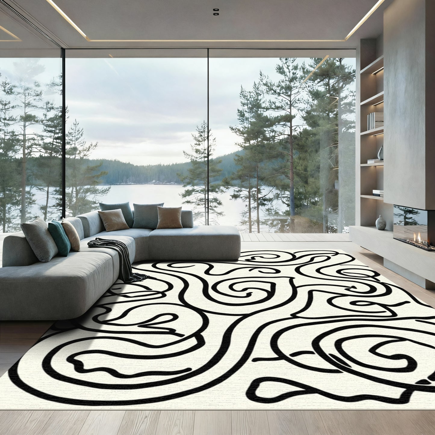 Organic Swirl Black Abstract Rug