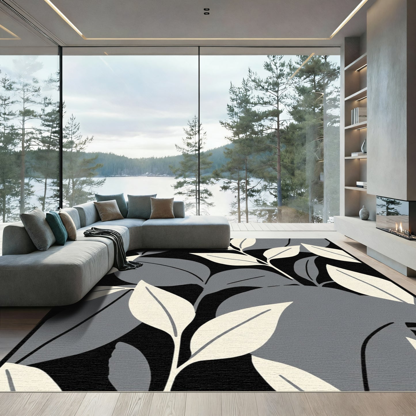 Monochrome Leaf Branch Cluster Rug