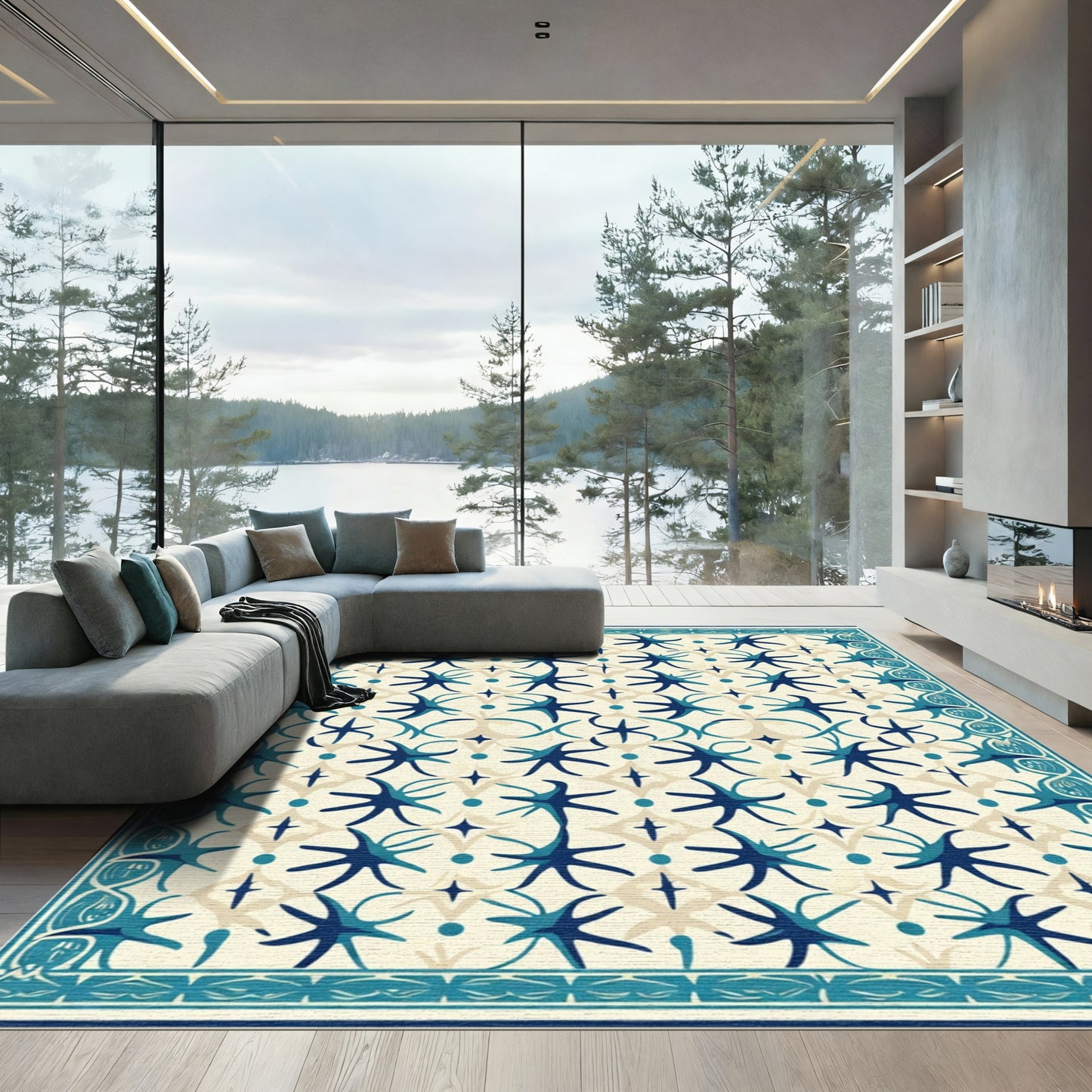 Blue Starburst Cream Geometric Border Rug
