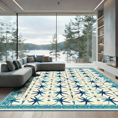 Blue Starburst Cream Geometric Border Rug