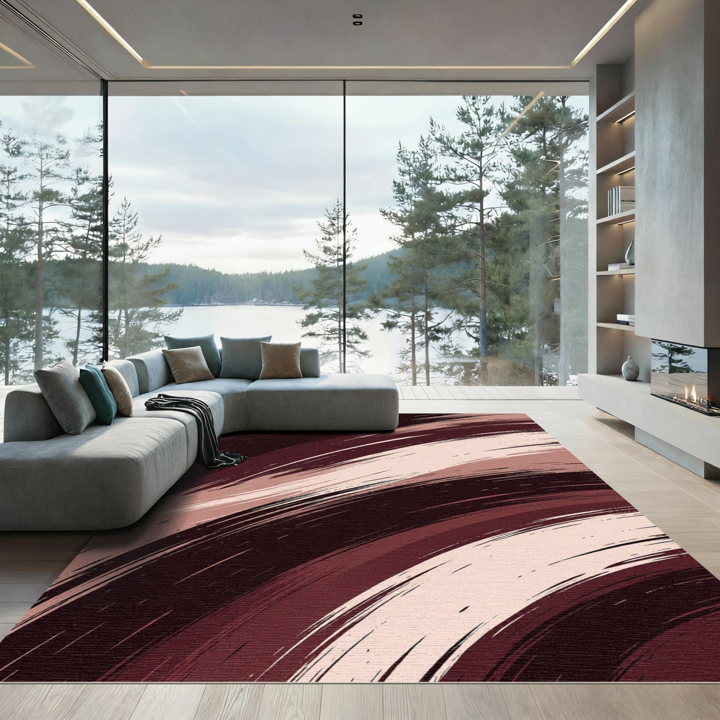 Minimalist Burgundy and Blush Swirl Rug