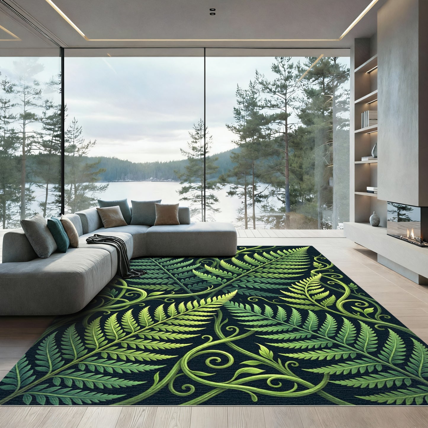 Deep Green Fern Garden Scroll Rug