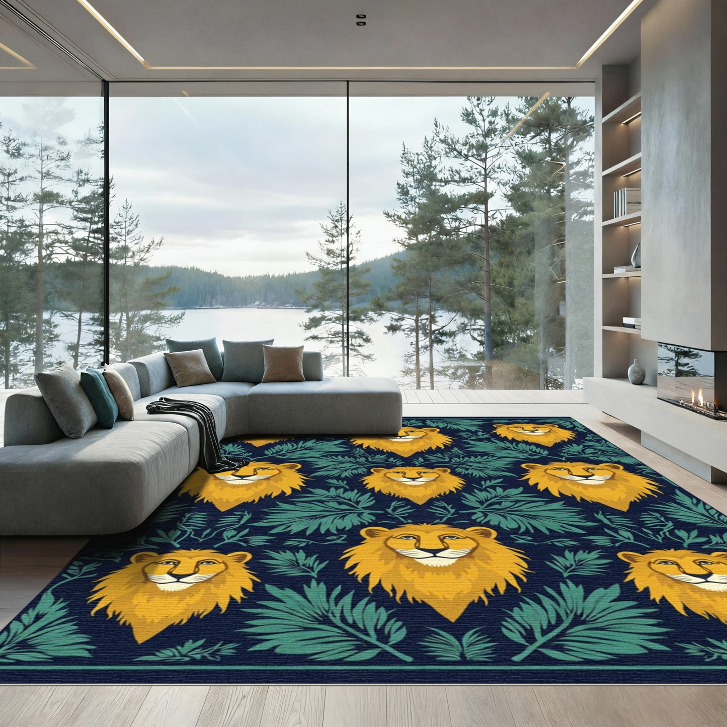 Golden Lion Floral Navy Rug