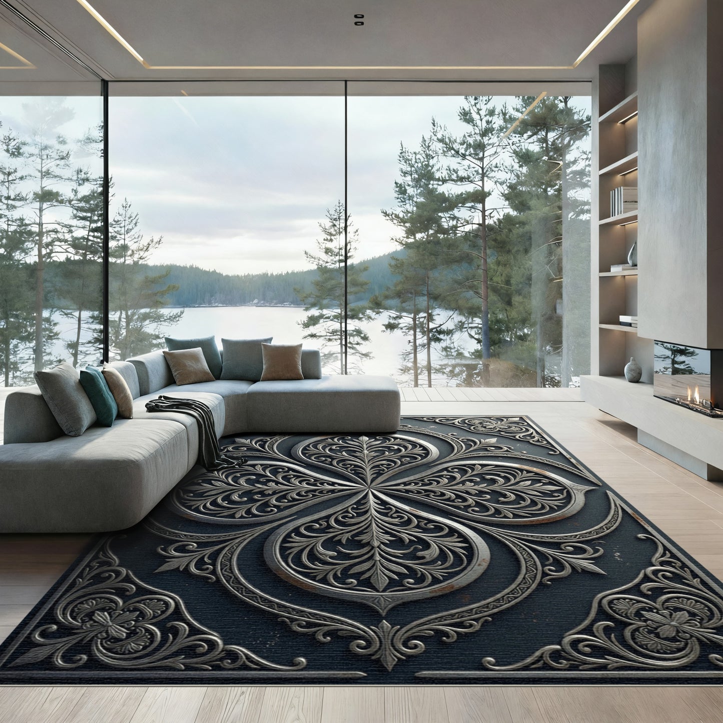 Silver Ornate Fleur de Lis Medallion Rug