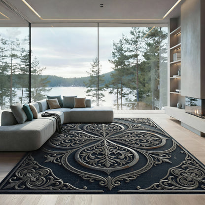 Silver Ornate Fleur de Lis Medallion Rug