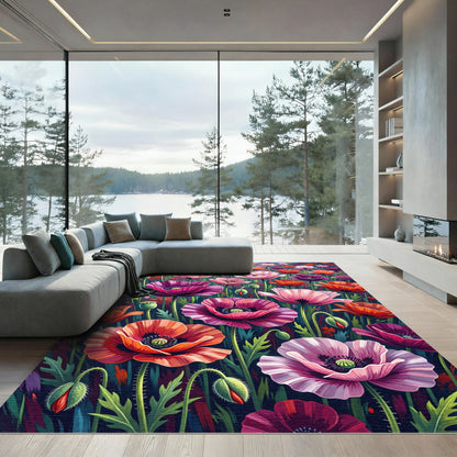 Vibrant Poppy Field Floral Medley Rug