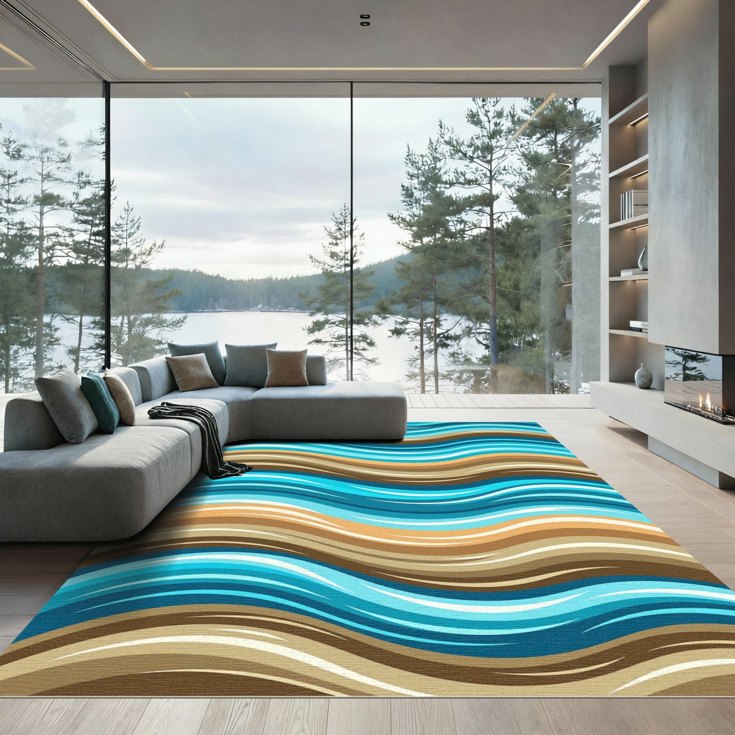 Oceanic Aqua Brown Swirl Wave Rug