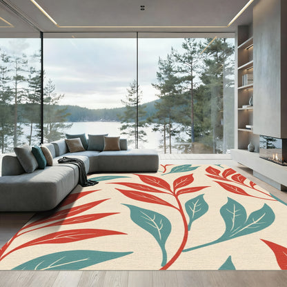 Red Teal Leafy Branches Rug