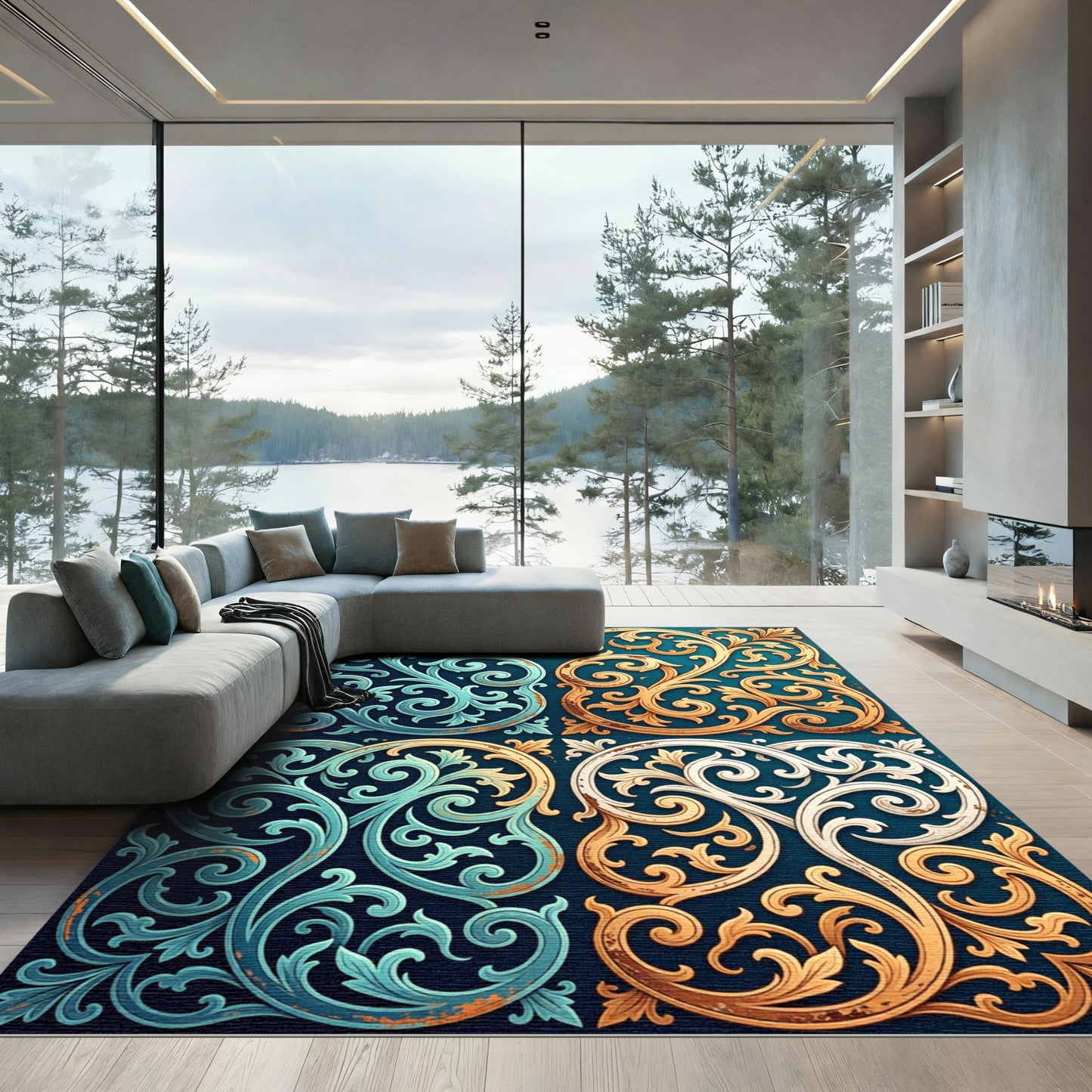 Ornate Teal Gold White Swirls Rug