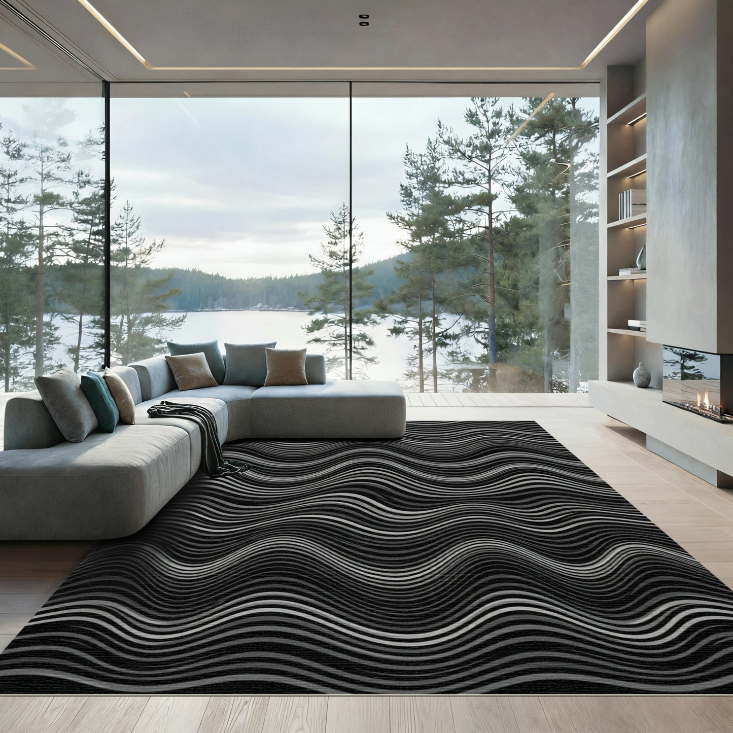Gray Wavy Striped Optical Illusion Rug