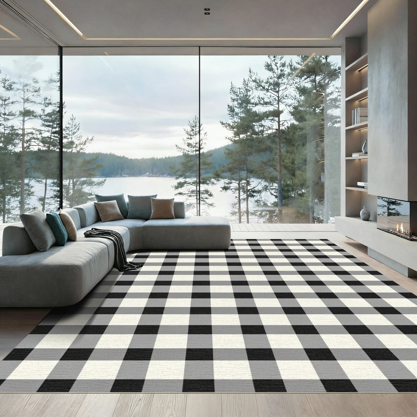 Classic Black White Checkered Board Rug