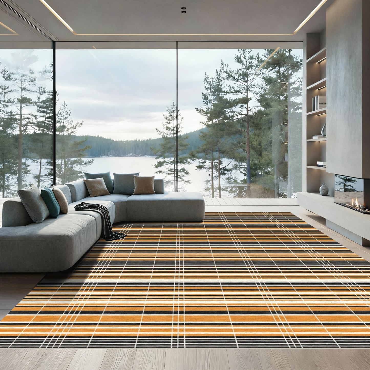 Orange Black White Stripe Grid Rug