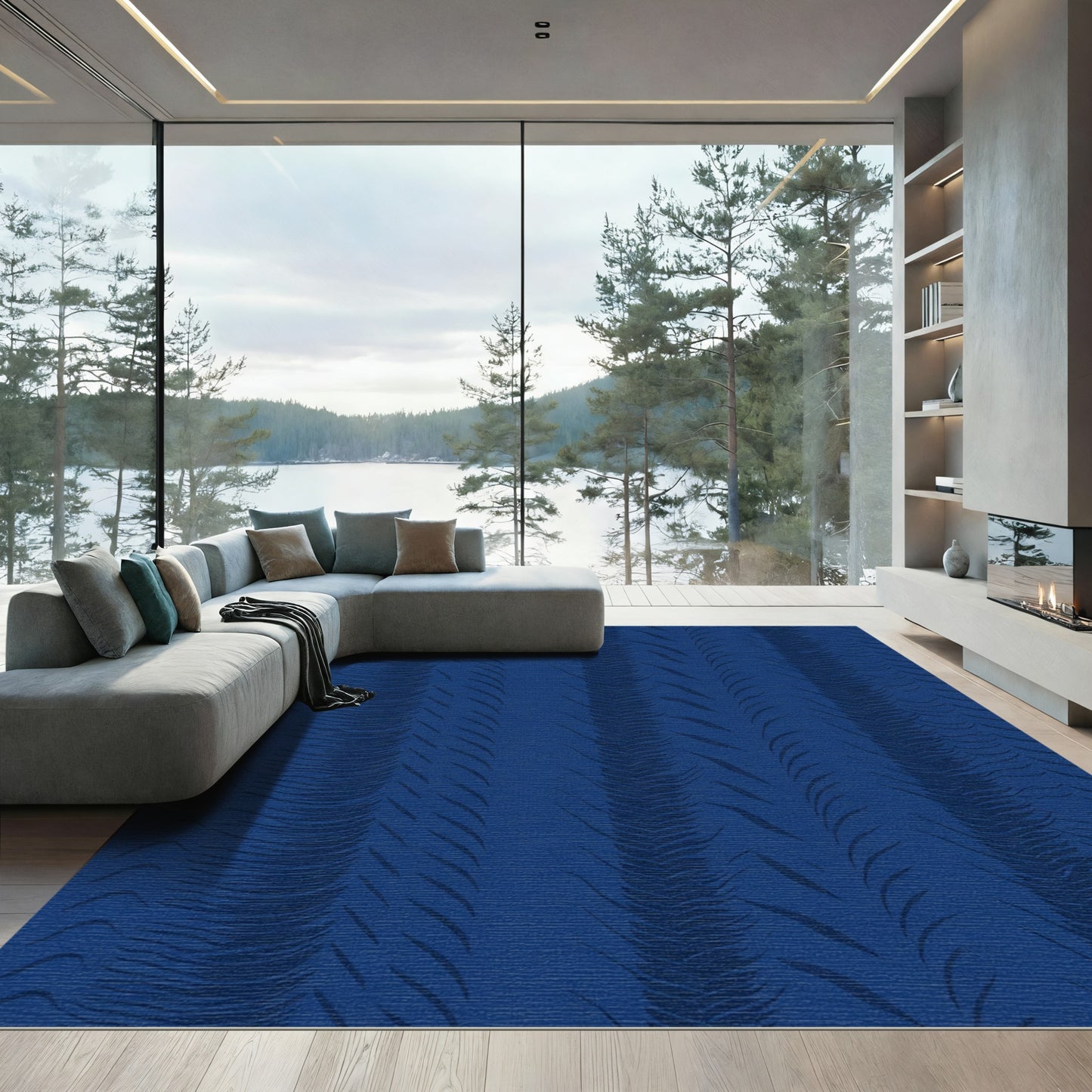 Deep Blue Ribbed Vertical Stripes Rug