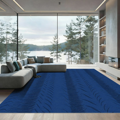Deep Blue Ribbed Vertical Stripes Rug