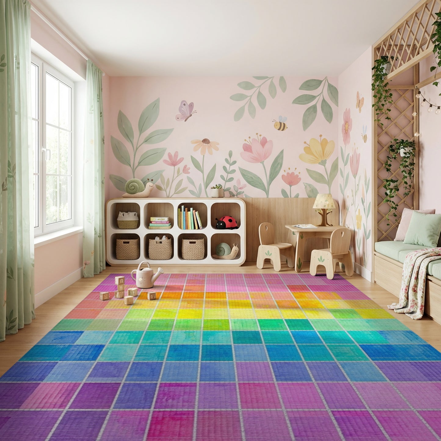 Pixelated Rainbow Gradient Grid Rug