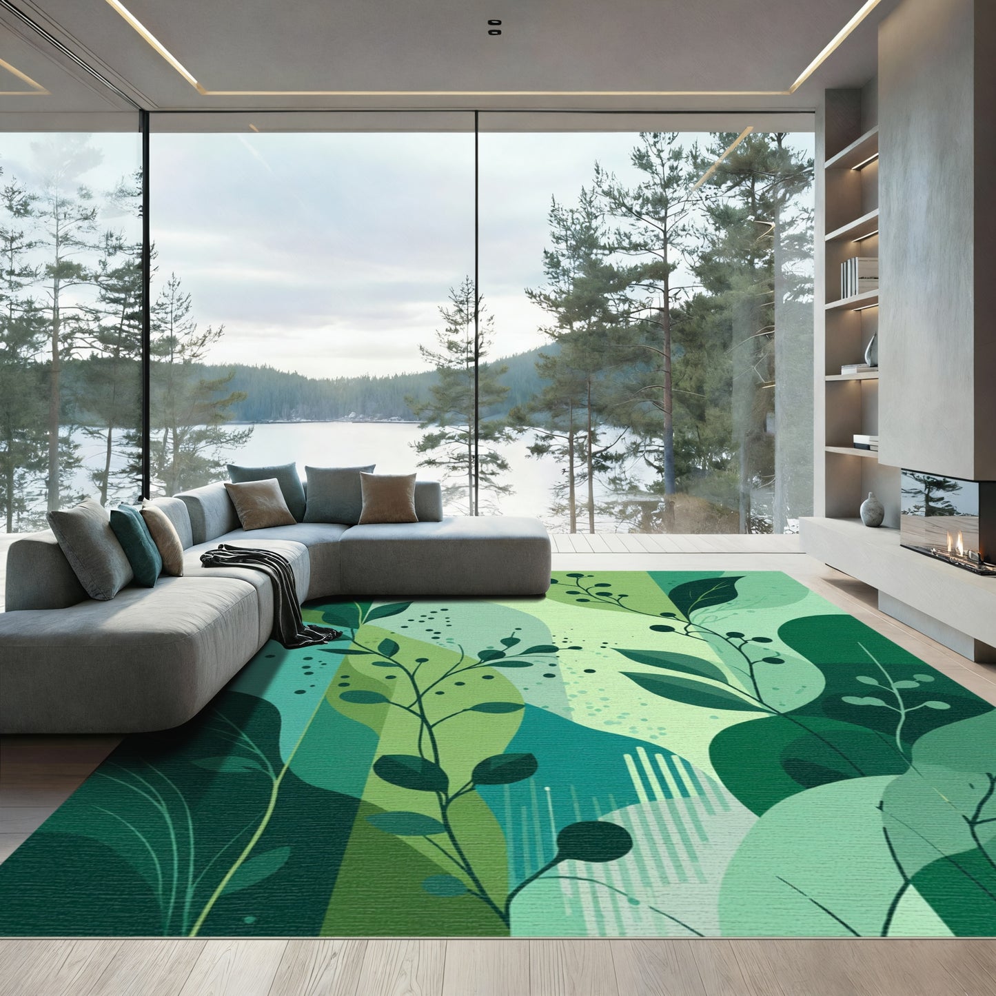 Emerald Green Botanical Abstraction Rug