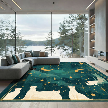 Mystical Gold Moon Cats Celestial Rug