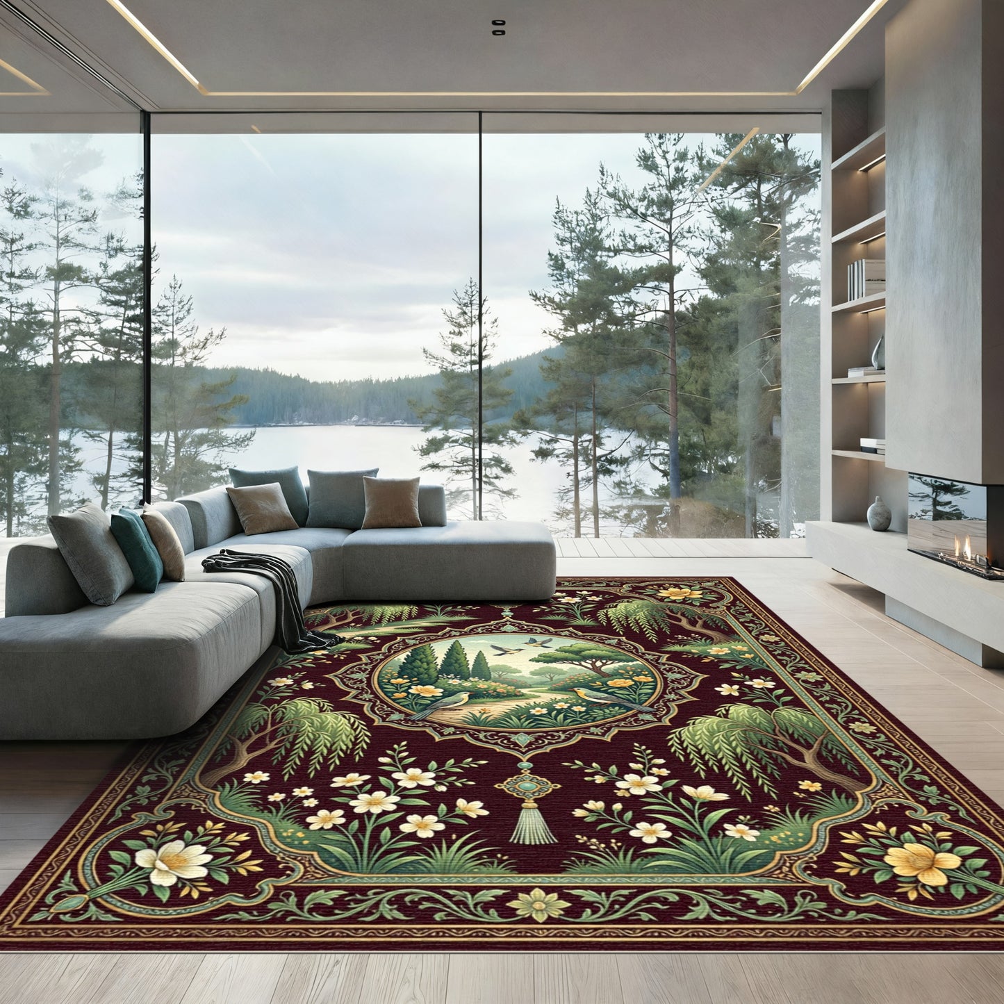 Crimson Garden Birds Medallion Rug