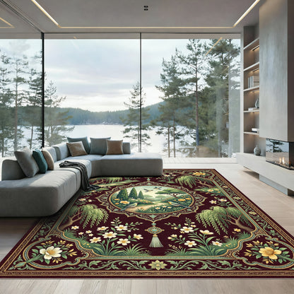 Crimson Garden Birds Medallion Rug