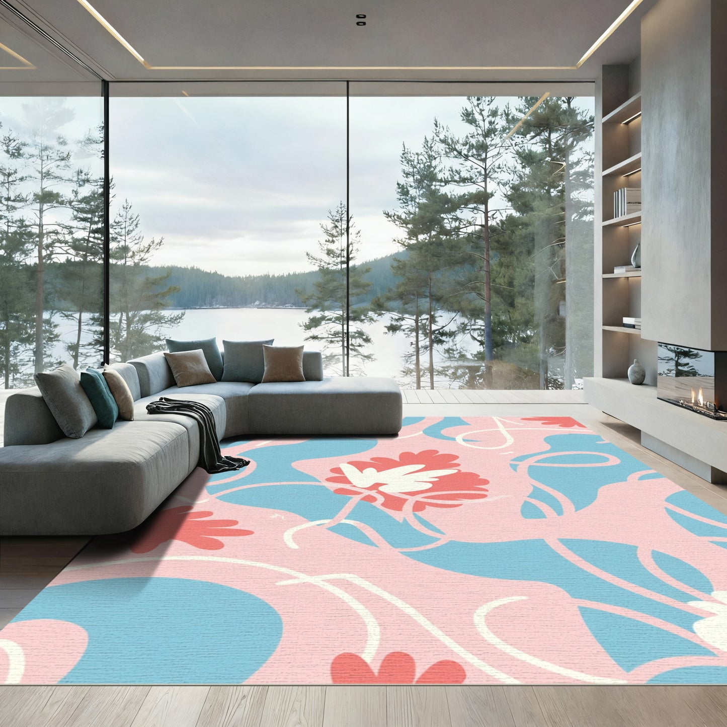 Pastel Coral Floral Abstract Swirls Rug