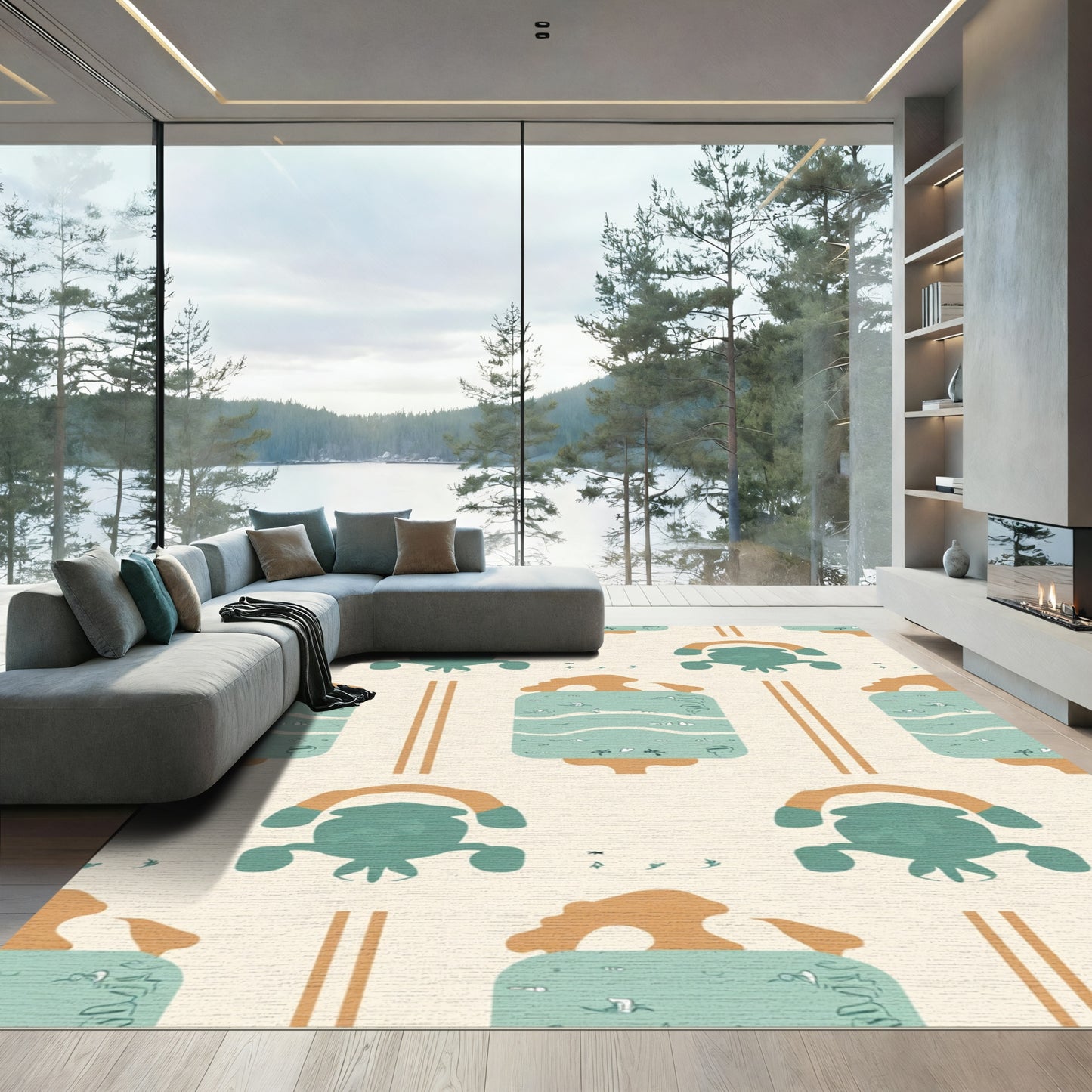 Aqua Brown Quirky Abstract Figures Rug