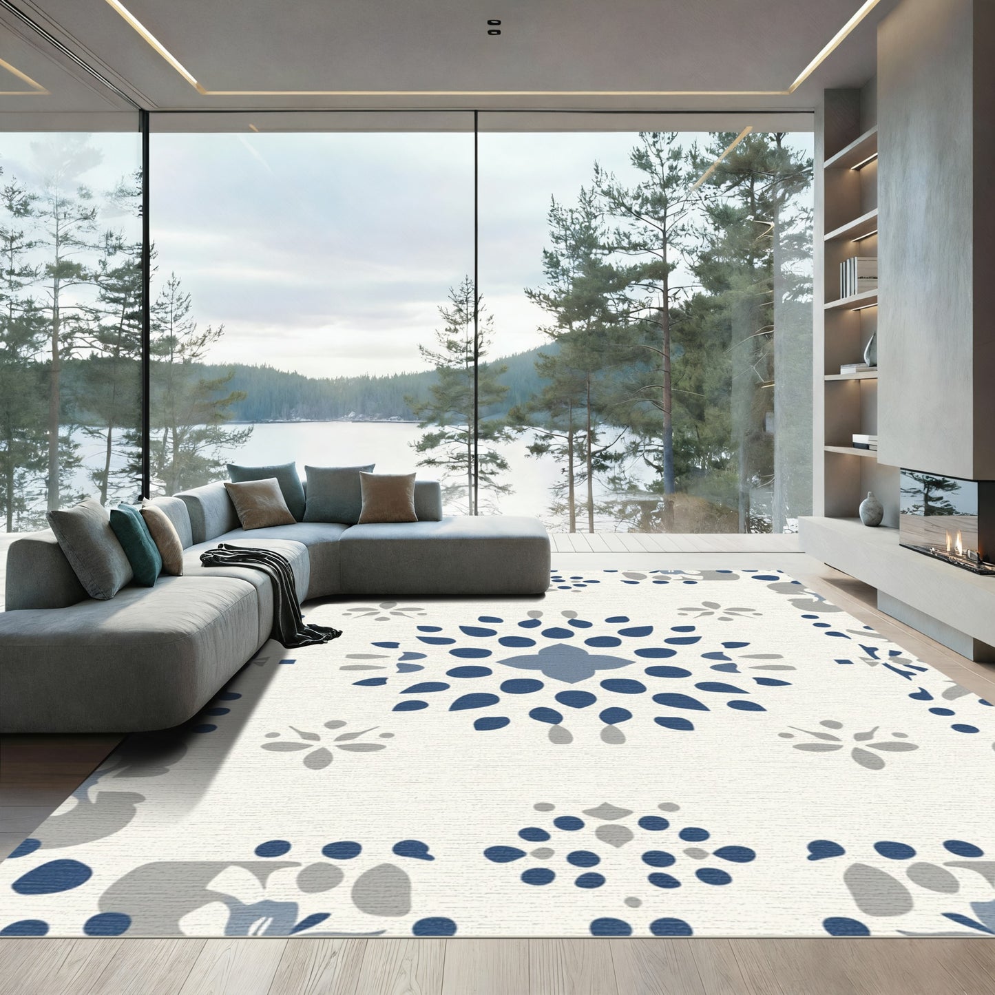 Navy Blue Gray Medallion Blossom Rug